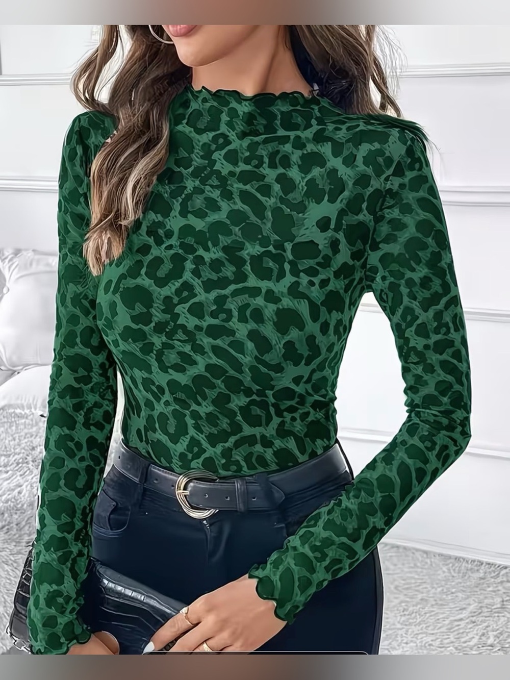 Long Sleeve Green Leopard Mock Neck mesh top
